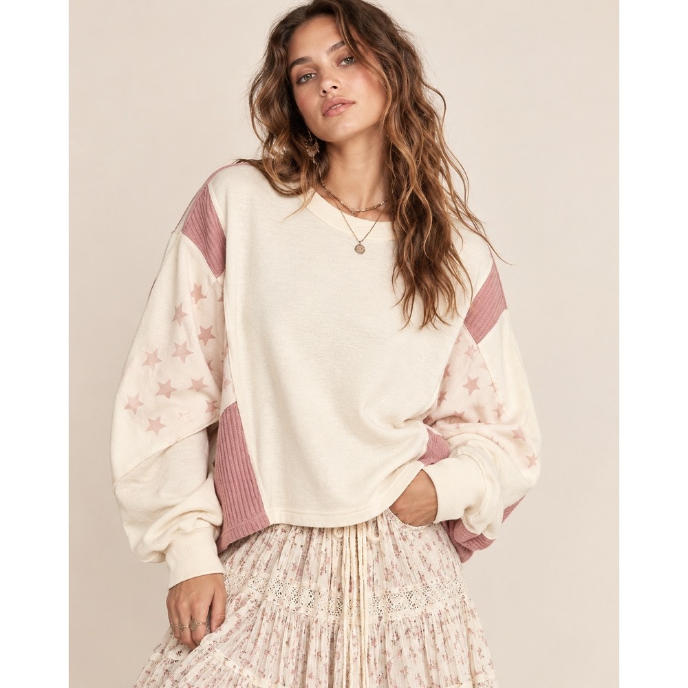 POL Over the Moon Star Patchwork Pullover Cream Dusty Rose Boho Oversized Large
